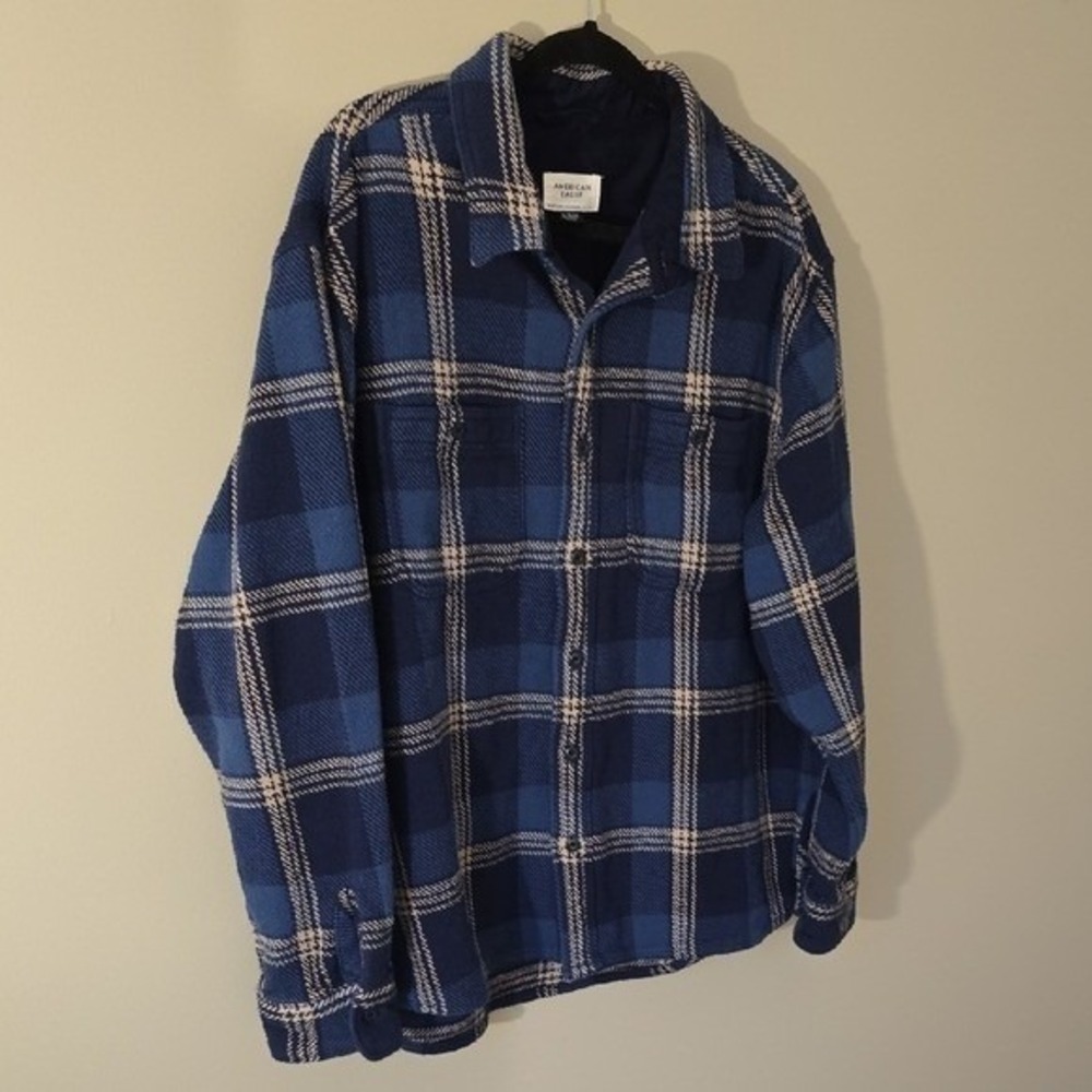 American Eagle Mens XL Blue Plaid Flannel Button Down Shirt Cotton Long Sleeve